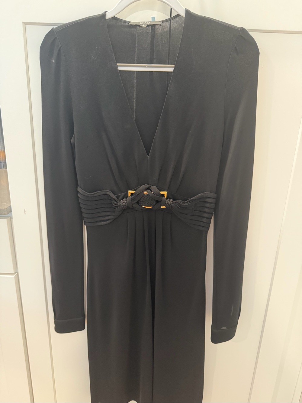Gucci Black Long-Sleeve V-Neck Dress with Braided Waist Accent and Gold Hardware